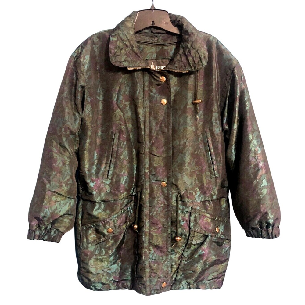 VTG LONDON FOG Blue/Green Satin FLORAL Zip-Out Liner PUFFER JACKET/COAT Parka S